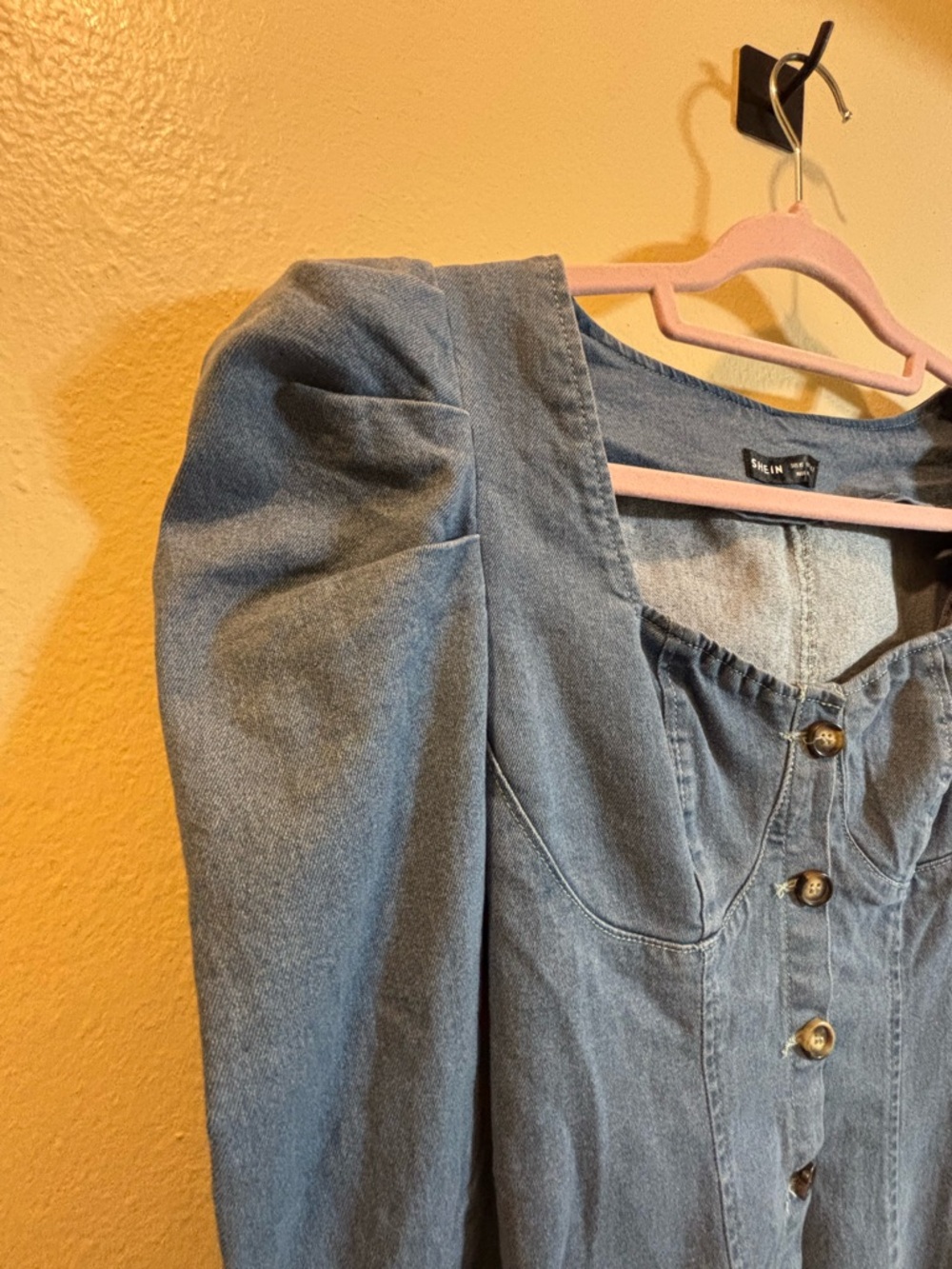 SHEIN Light Blue Denim Button-Front Puff Sleeve Top - Picture 9 of 10